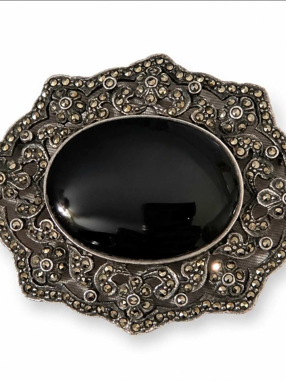 Vintage 925 Sterling Silver Black Onyx Marcasite Brooch Pin Thailand Art Deco - Picture 2 of 7